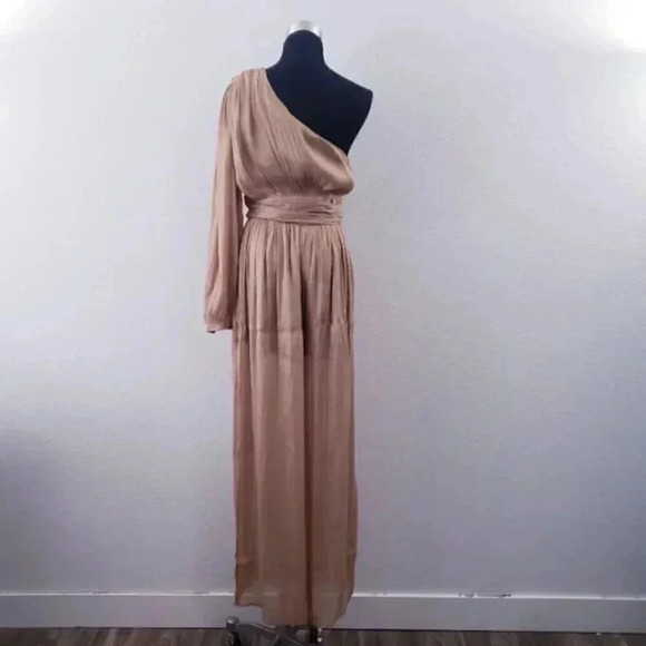 NWT By Anthropologie One Shoulder Metallic Gold Bronze Wide Leg Sheen Jumpsuit - Picture 6 of 8